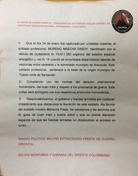 ELN se responsabiliza de la retención del soldado profesional Freddy Moreno