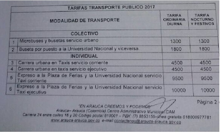 Nuevas tarifas del servicio público de transporte ya rigen en Arauca capital