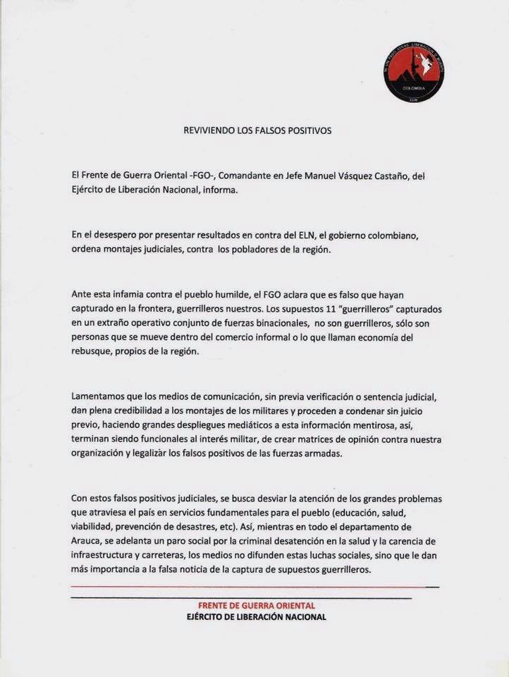 ELN dice que los 11 capturados en Apure no son guerrilleros
