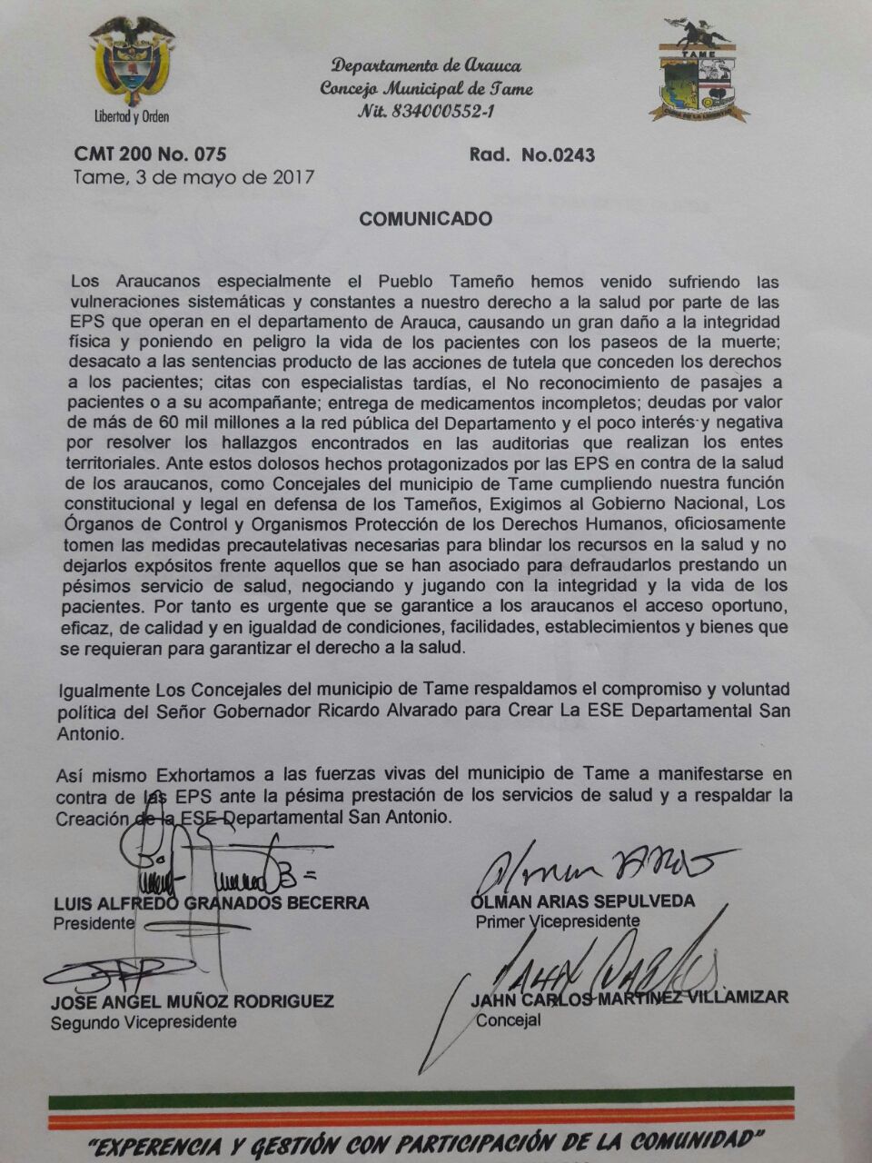 Concejales de Tame respaldan la creación de la ESE de Tame