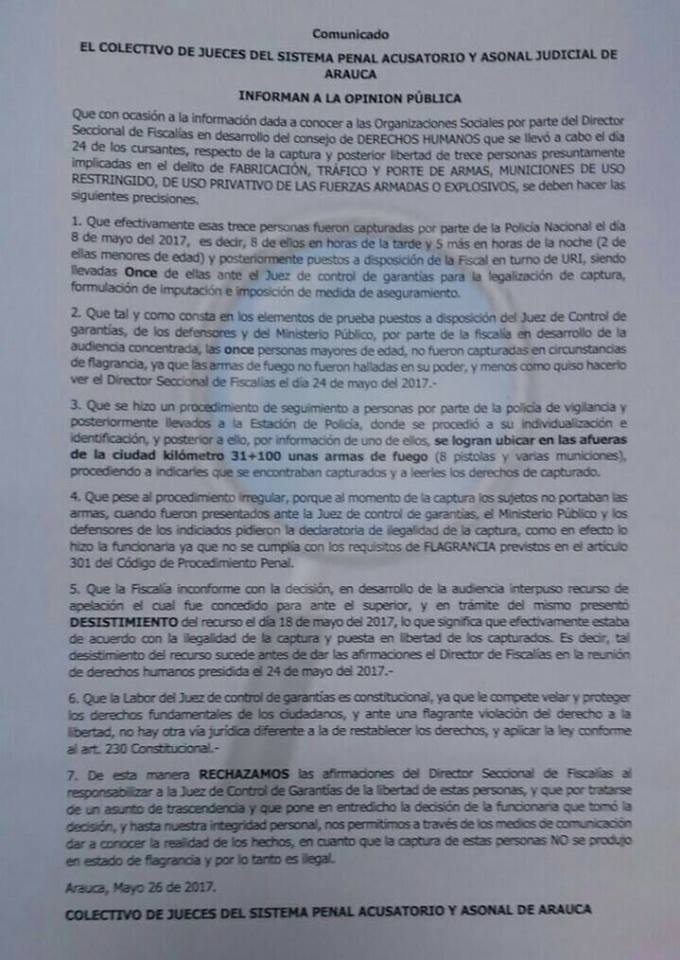 Colectivo de Jueces del Sistema Penal Acusatorio de Arauca rechazó declaraciones del director de Físcalía