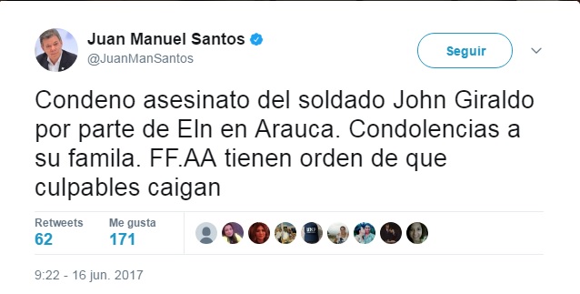 Santos responsabiliza a Eln de ataque contra el Ejército en Arauca