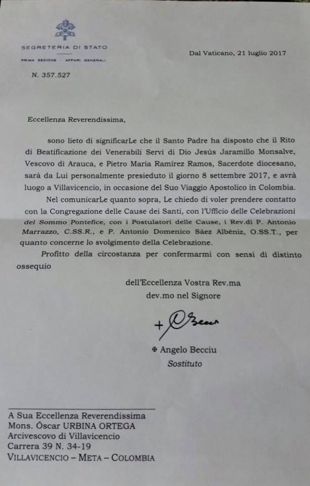 Vaticano confirma beatificación de Monseñor Jaramillo en Villavicencio