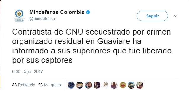 Liberan a contratista de la ONU secuestrado en mayo en Guaviare