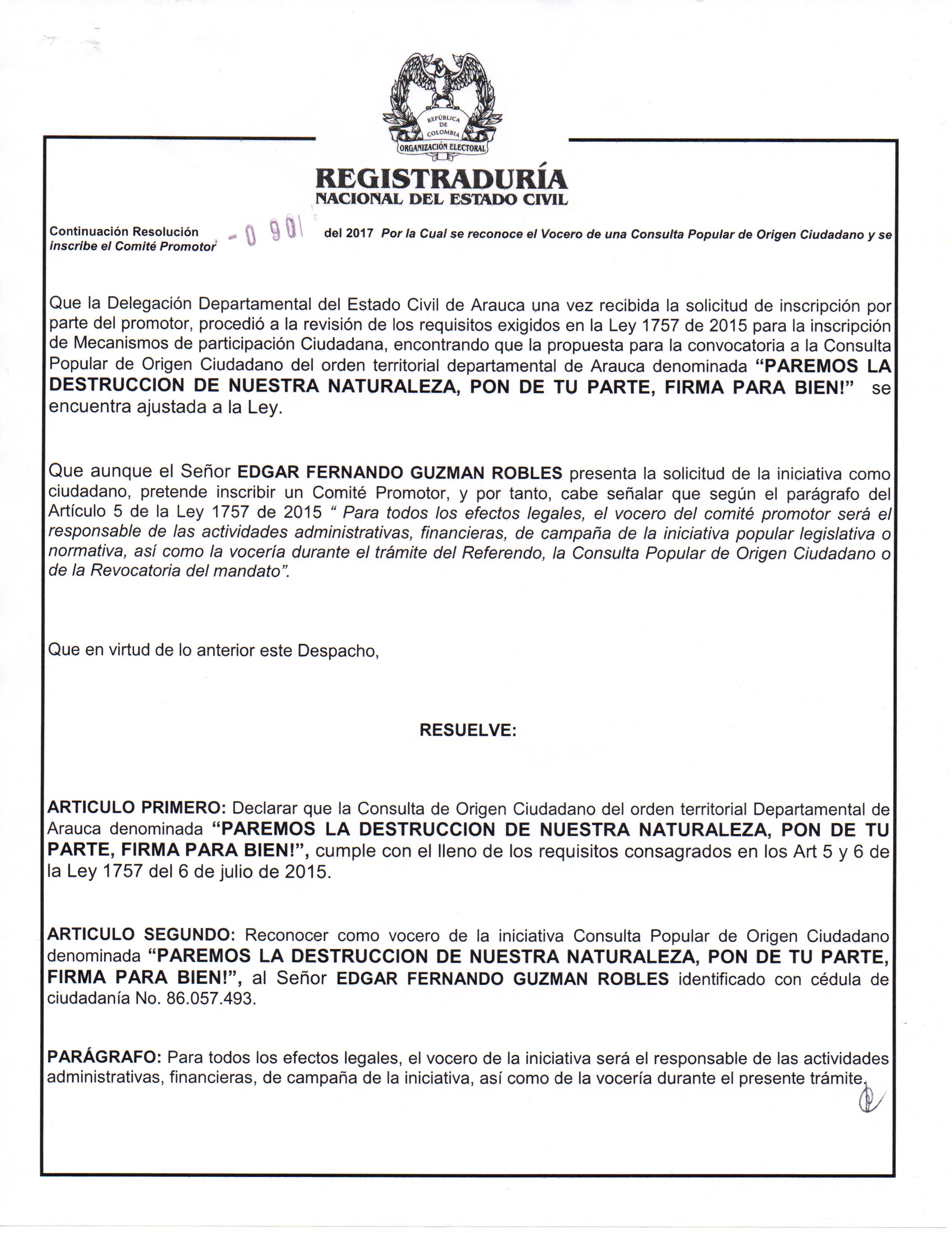 Registraduría aprobó inscripción de comité promotor para consulta popular en Arauca