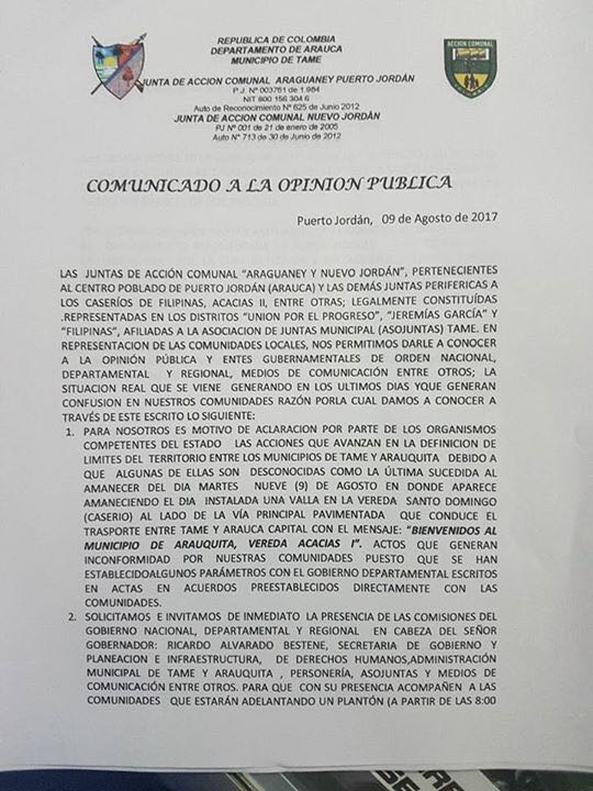 Puerto Jordán protesta en rechazo a instalación de valla de Arauquita