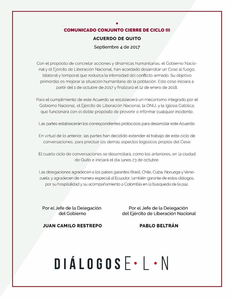 Gobierno y Eln acuerdan cese el fuego bilateral por 4 meses
