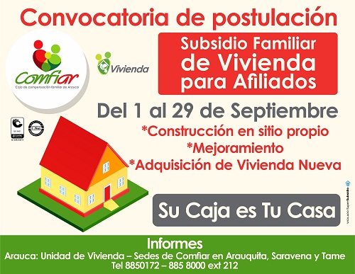 Comfiar abre convocatoria para subsidio familiar de vivienda