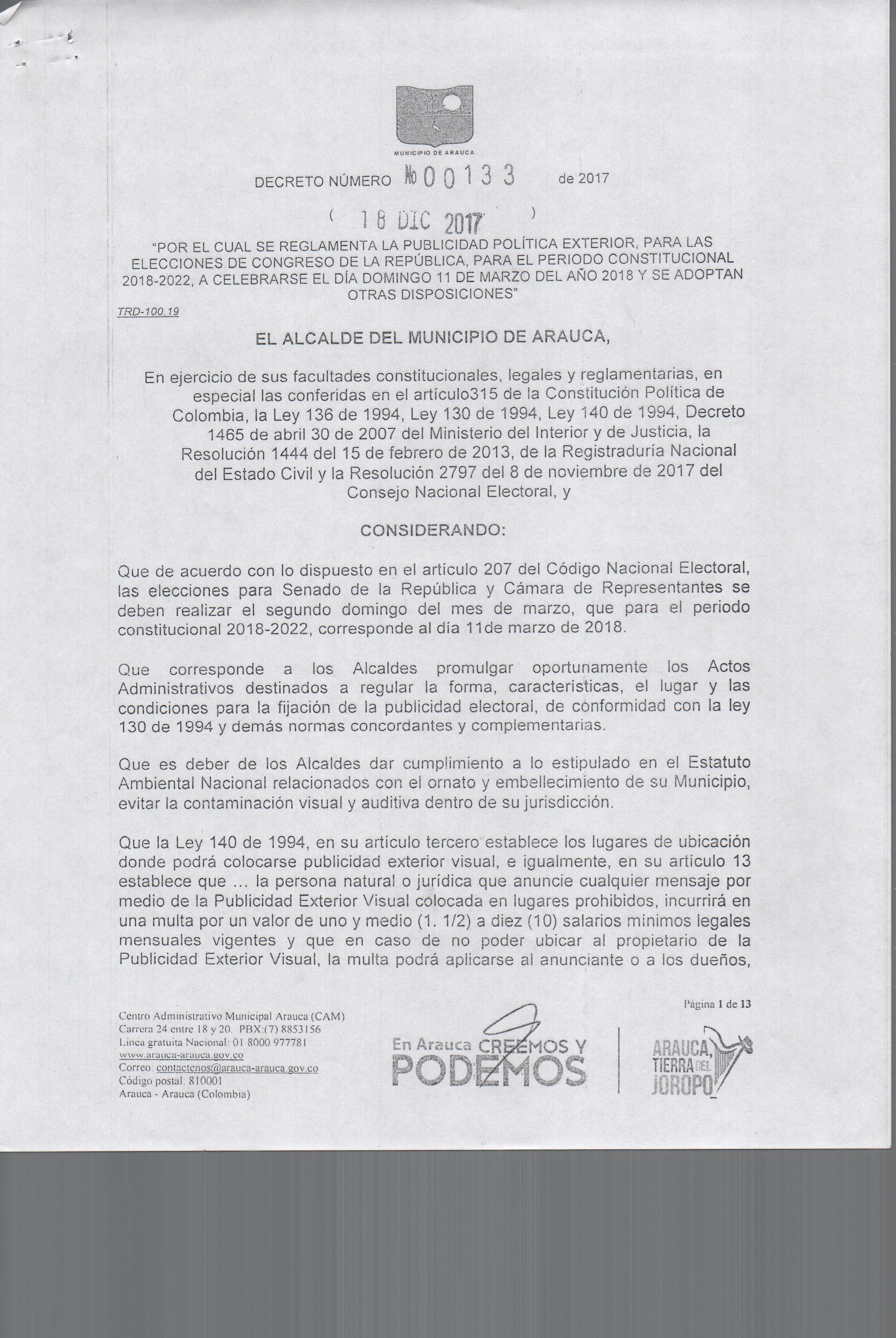 Municipio de Arauca expide decreto para el uso de publicidad política exterior para elecciones Congreso de la República periodo 2018-2022