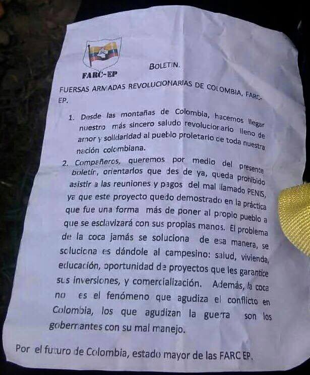 En presunto panfleto, disidencias prohiben a campesinos apoyar sustitución de cultivos ilícitos