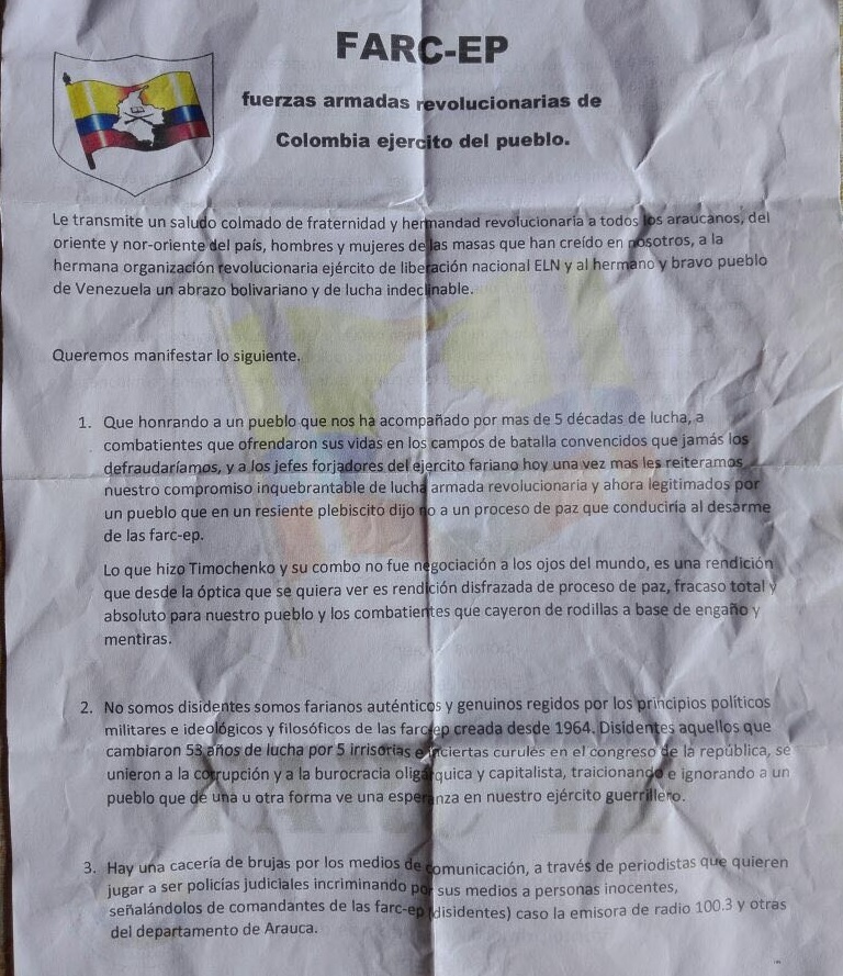 No somos disidentes: Frente Primero Armando Ríos de  las Farc en Arauca