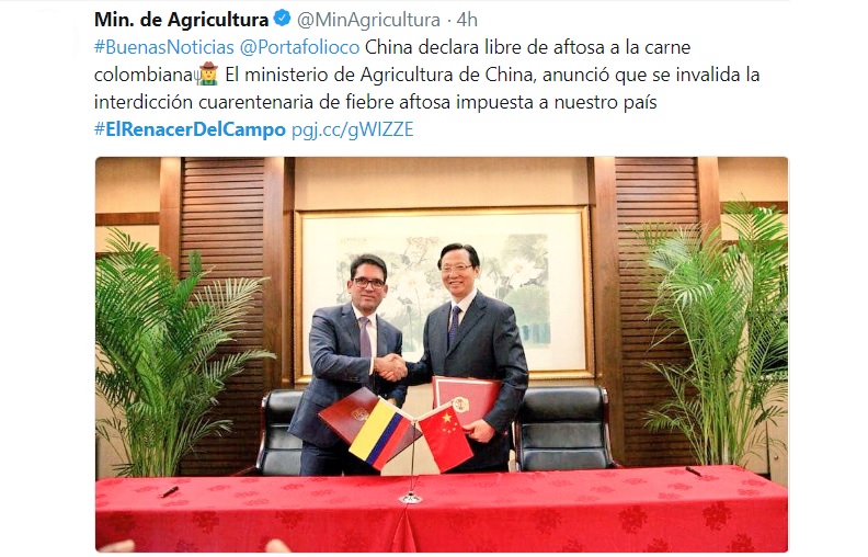 China declara libre de aftosa a la carne colombiana