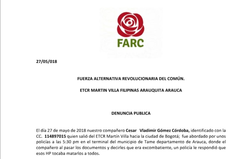 Partido Político de Las Farc denuncia agresión de policía en Tame