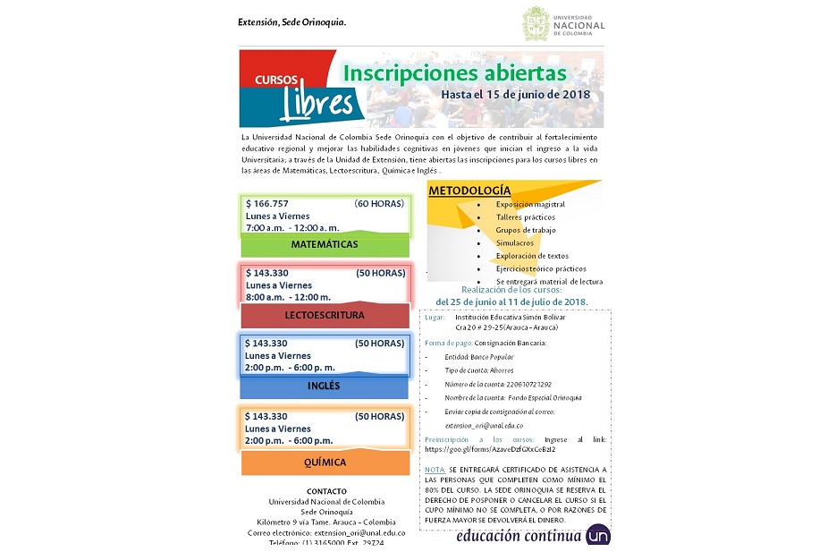 U.N. Sede Orinoquia tiene abiertas inscripciones para cursos libres en matemática, lectoescritura, química e inglés en Arauca y Yopal
