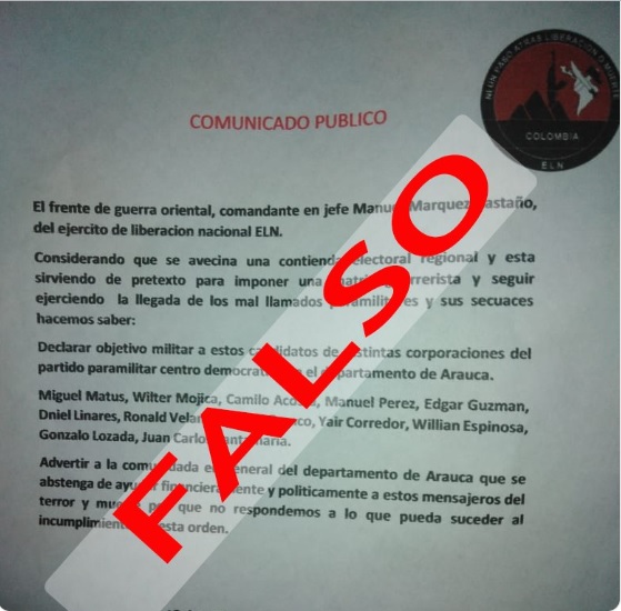ELN niega ser autor de  amenazas contra dirigencia del Centro Democrático