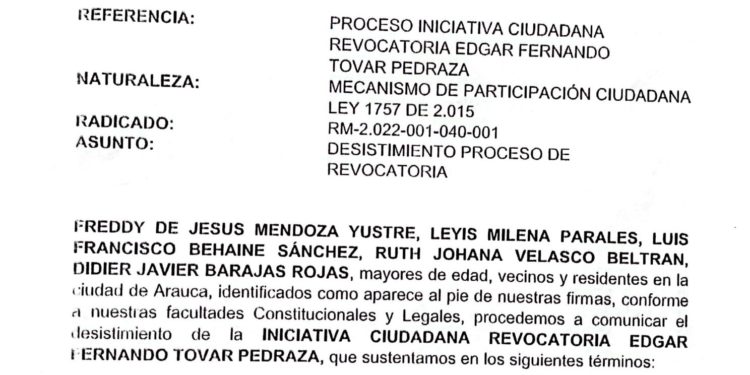 Cinco miembros del comité de revocatoria de mandato del Alcalde, desistieron de la iniciativa