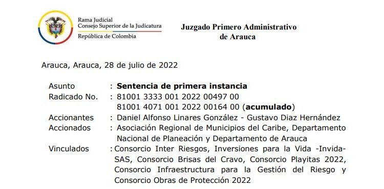 Juzgado Primero Administrativo de Arauca niega tutela que buscaba frenar contratación recursos de regalías ejecutados por Aremca