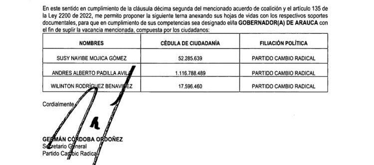 Esta es la terna que presentó Cambio Radical al Gobierno Nacional para el cargo de Gobernador (e) de Arauca